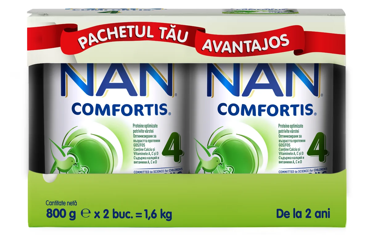 Produs pe baza de lapte praf fortifiat NAN Comfortis 4 de la 2 ani, 2 x 800g, Nestle