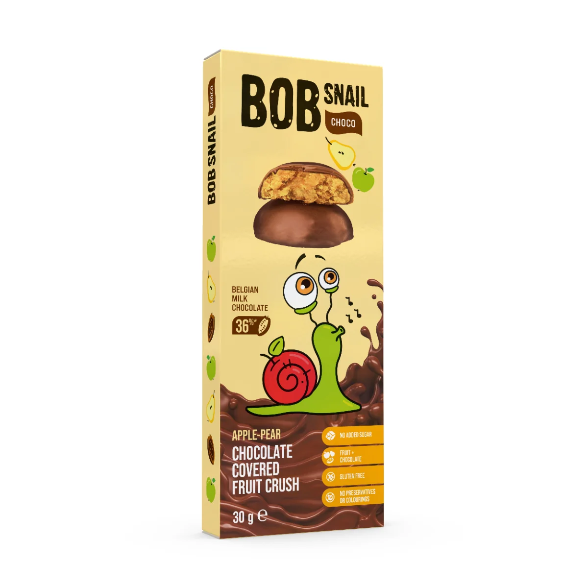 Snack fructat din mere si pere in ciocolata cu lapte, 30g, Bob Snail