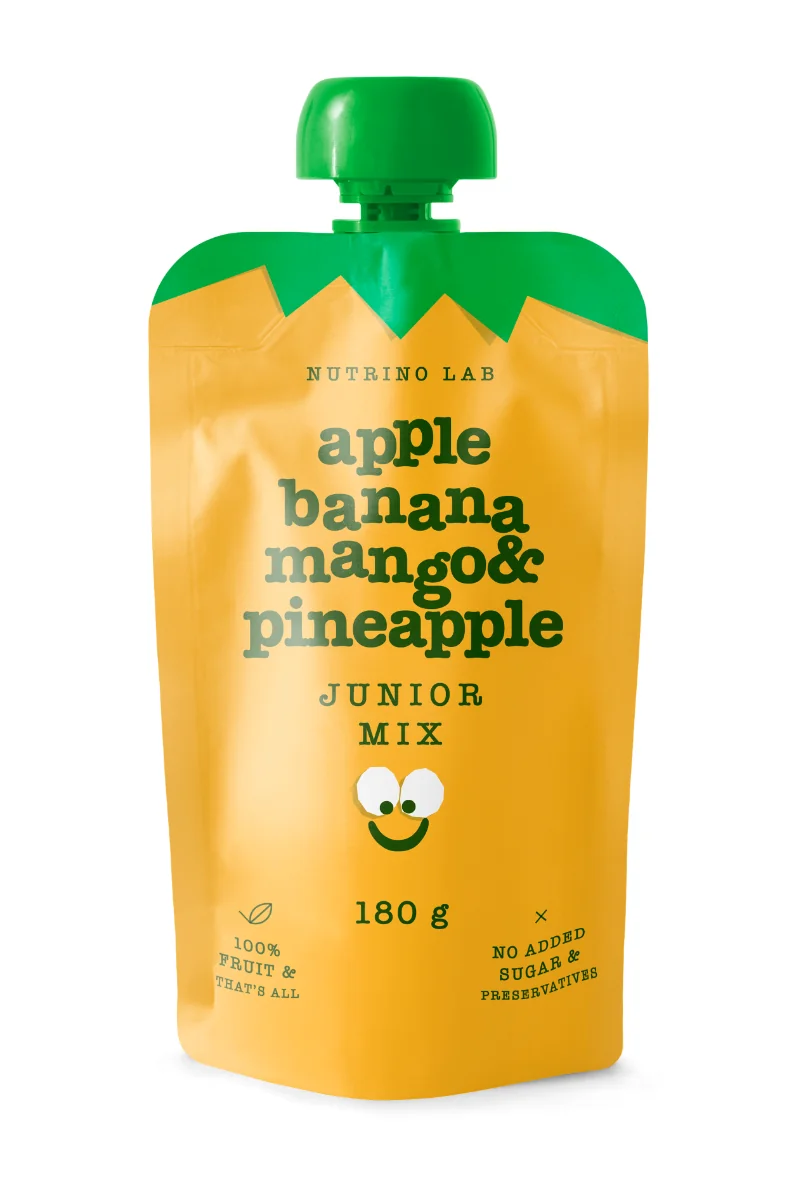 Piure pasteurizat din fructe cu mere banane mango si ananas Junior Mix, 180g, Nutrino Lab