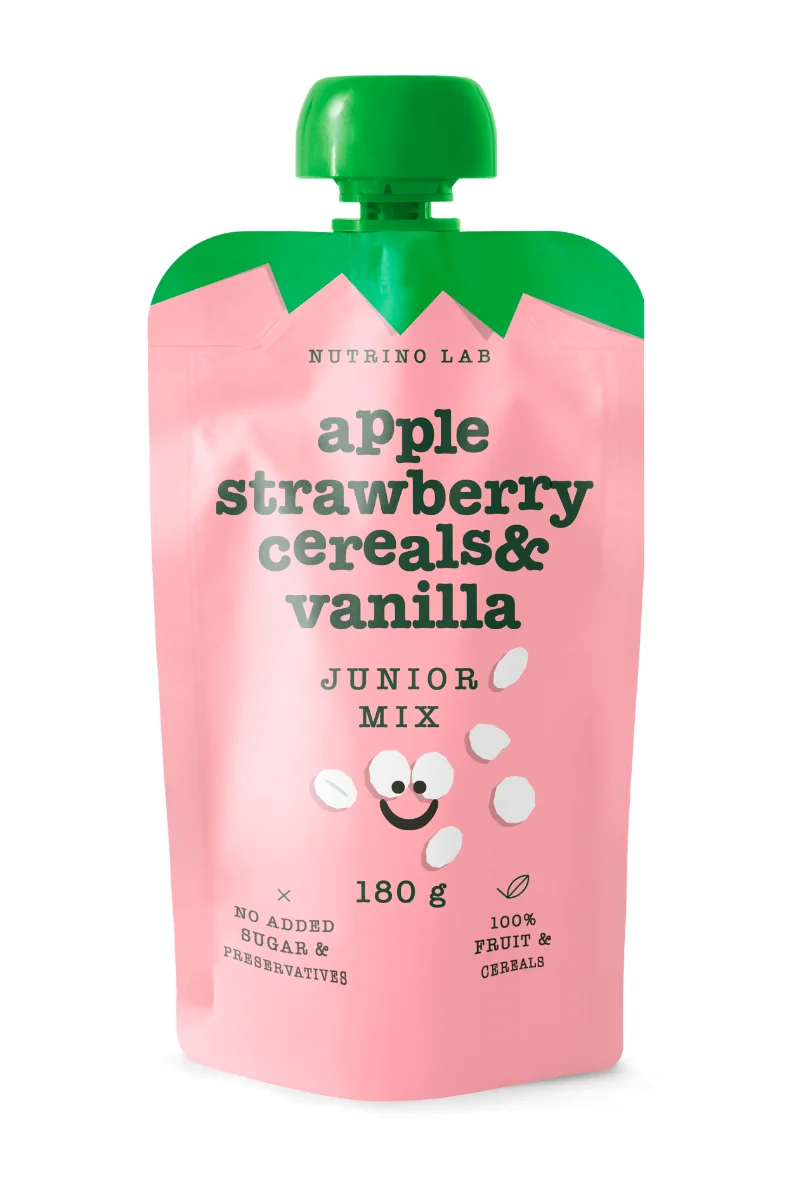 Piure pasteurizat din fructe cu mere capsuni si adaos de cereale vanilie si vitamina C Junior Mix, 180g, Nutrino Lab