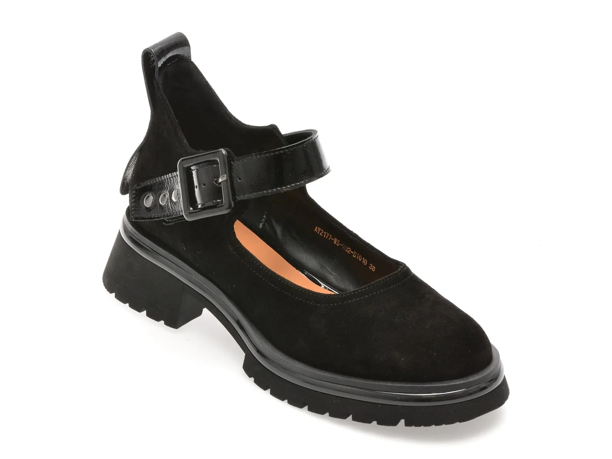 Pantofi Epica Negri, 2177, Din Piele Întoarsă