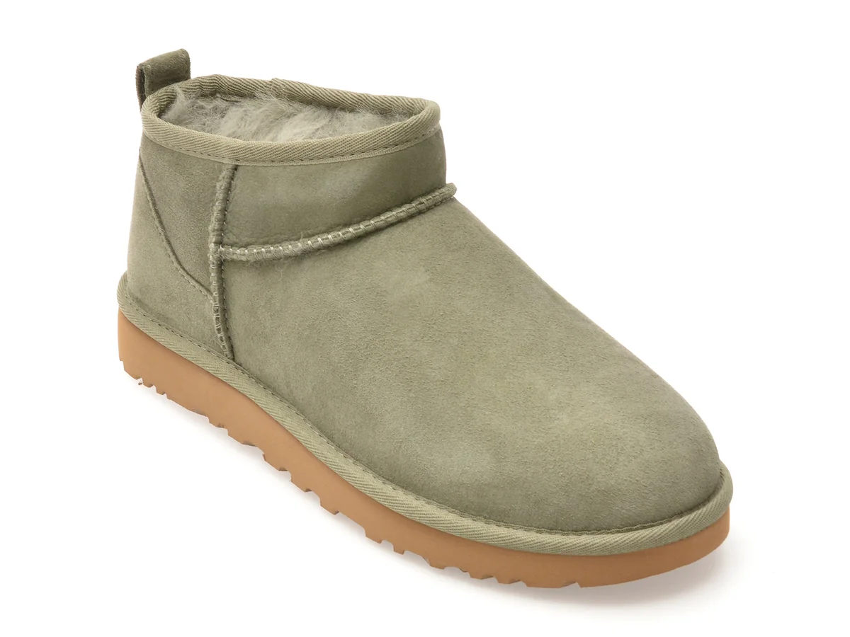 Ghete UGG Kaki, Classic Ultra Mini, Din Piele Întoarsă