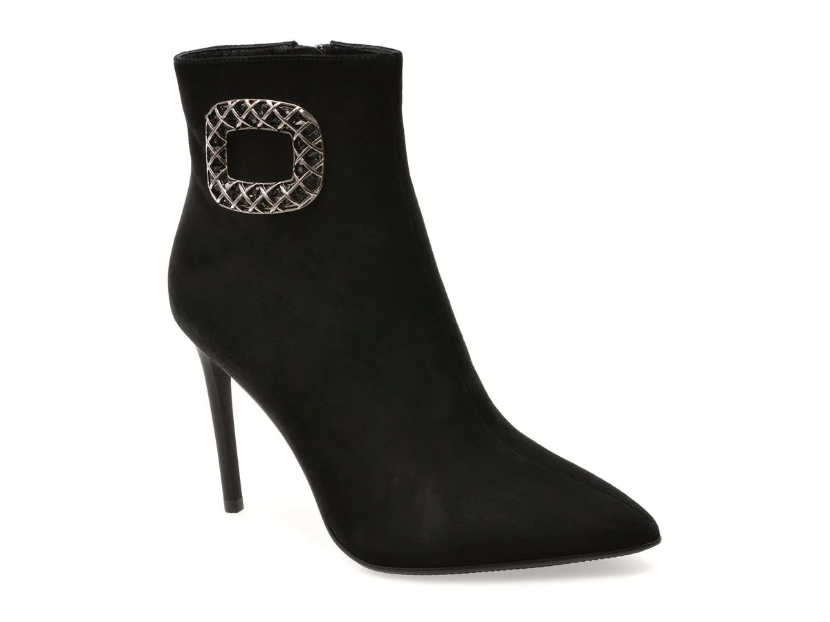 Botine Elegante Epica Negre, E32778B, Din Piele Intoarsa