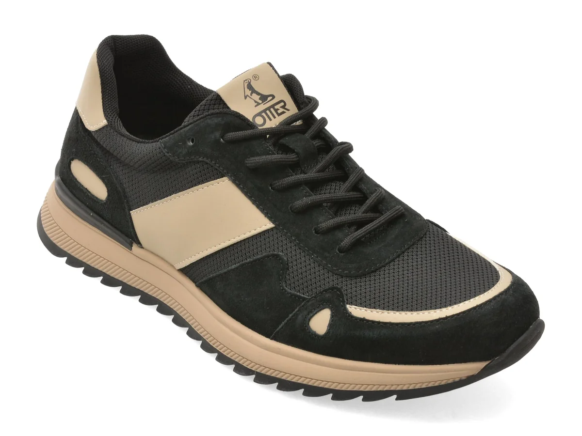 Pantofi Sport Otter Negri, E660005, Din Material Textil Și Piele Naturală