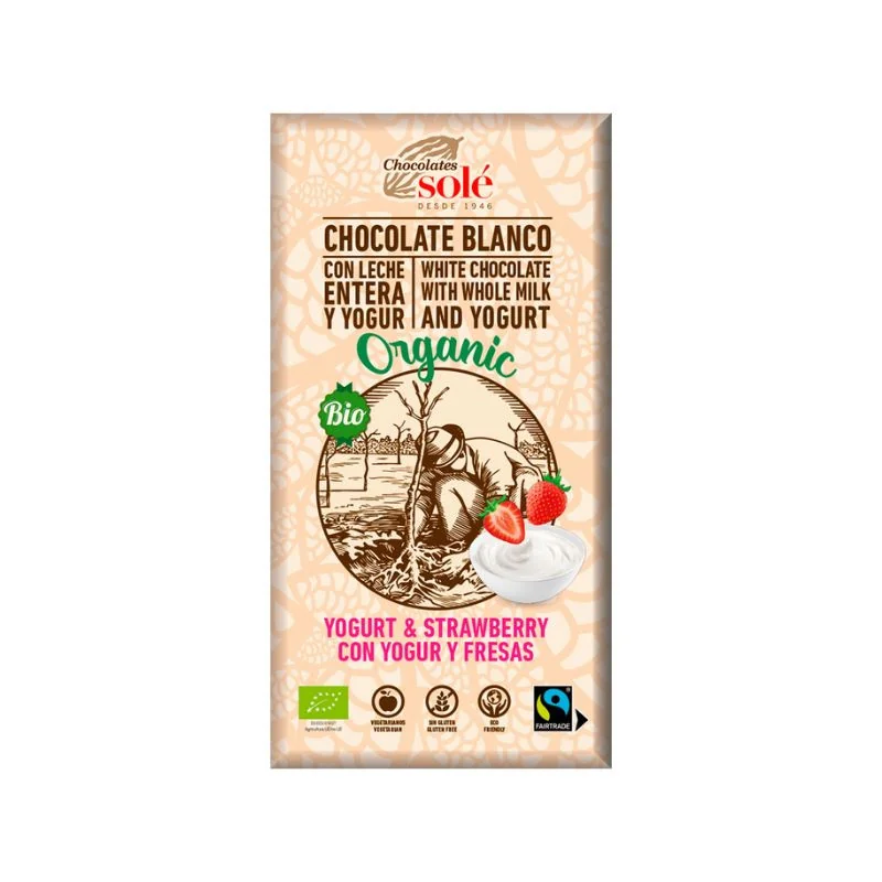 Ciocolata alba Bio cu iaurt si capsuni, 100g Chocolates Sole