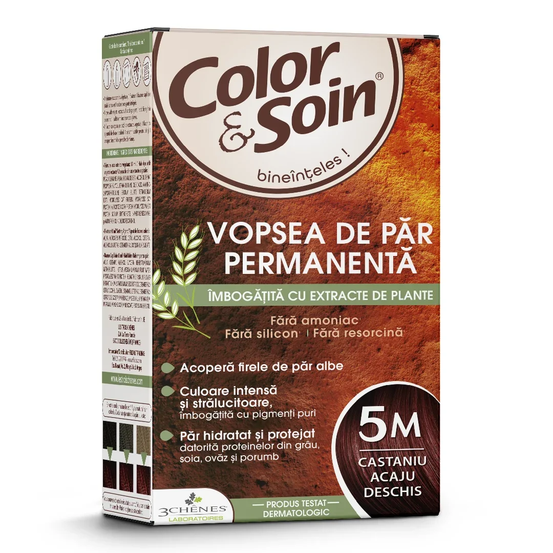 Vopsea de par fara amoniac, fara silicon, castaniu acaju deschis, 5M, Color&Soin