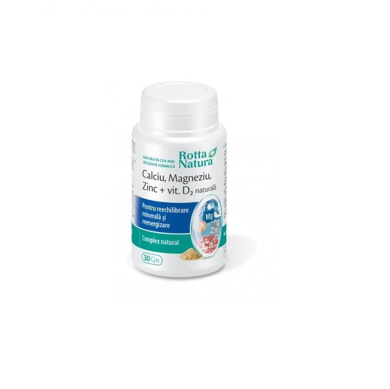 Calciu, Magneziu, Zinc, Vitamina D2 Naturala, 30 Capsule, Rotta Natura