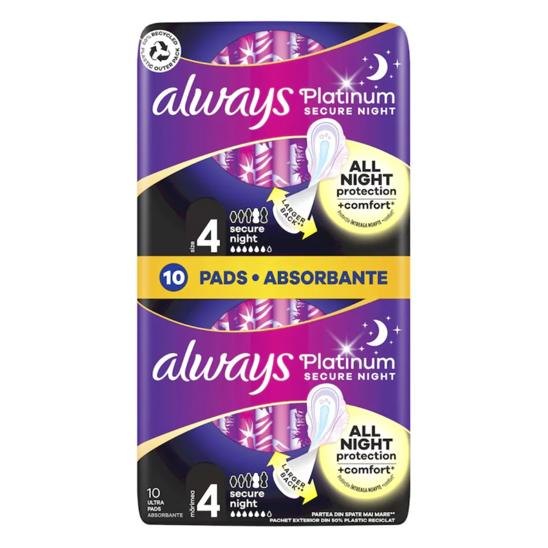 Absorbante Platinum Secure Night Duo Pack, 10 Bucăți, Always
