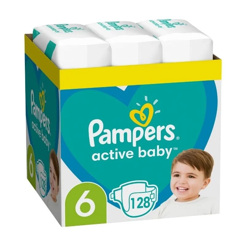 Scutece Active Baby, Marimea 6 Extra Large, 13 - 18 Kg, 128 Bucati, Pampers