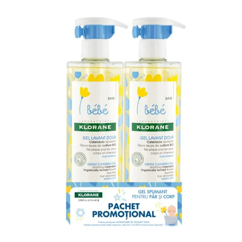 Pachet Gel Spumant Delicat Pentru Copii, 500 Ml + 500 Ml, Klorane Bebe
