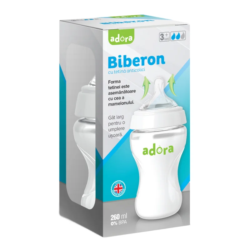 Biberon Cu Gat Larg Și Tetina Anticolici, 3-6 Luni, 260ml, ADORA