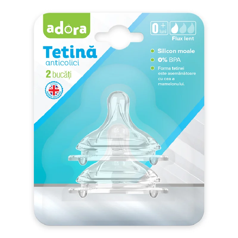 Tetina Anticolici Cu Flux Redus, 0-3 Luni, 2 Bucăți, Adora