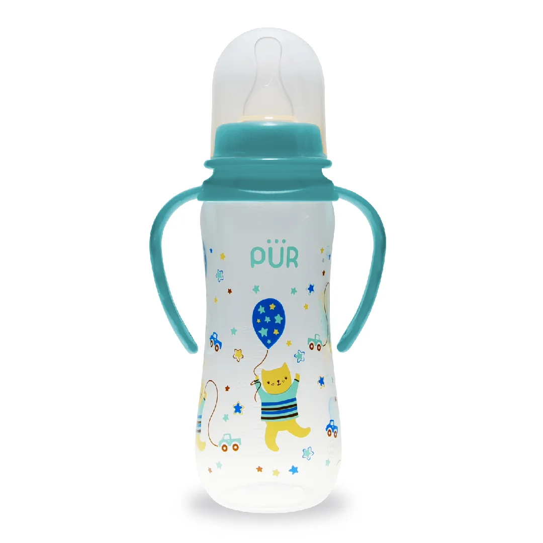 Biberon Cu Desen Și Mânere, Verde, +6 Luni, 250 Ml, Pur