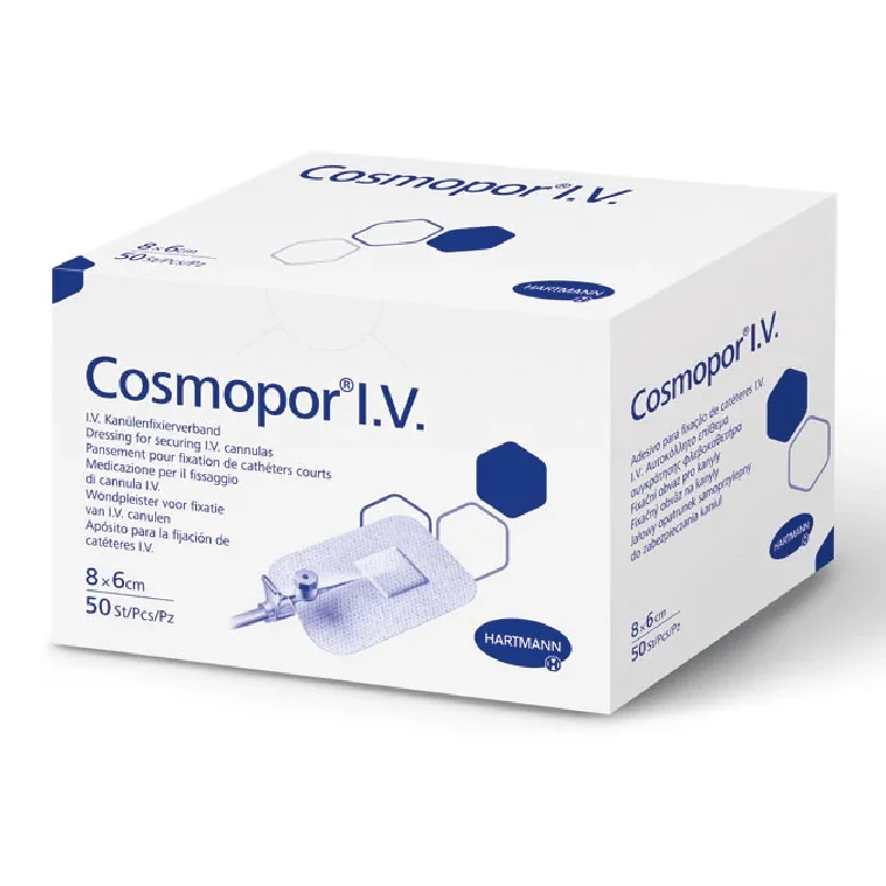 Plasturi Sterili Fixarea Branulelor Cosmopor I.V., 8×6 Cm, 50 Bucăți, Hartmann