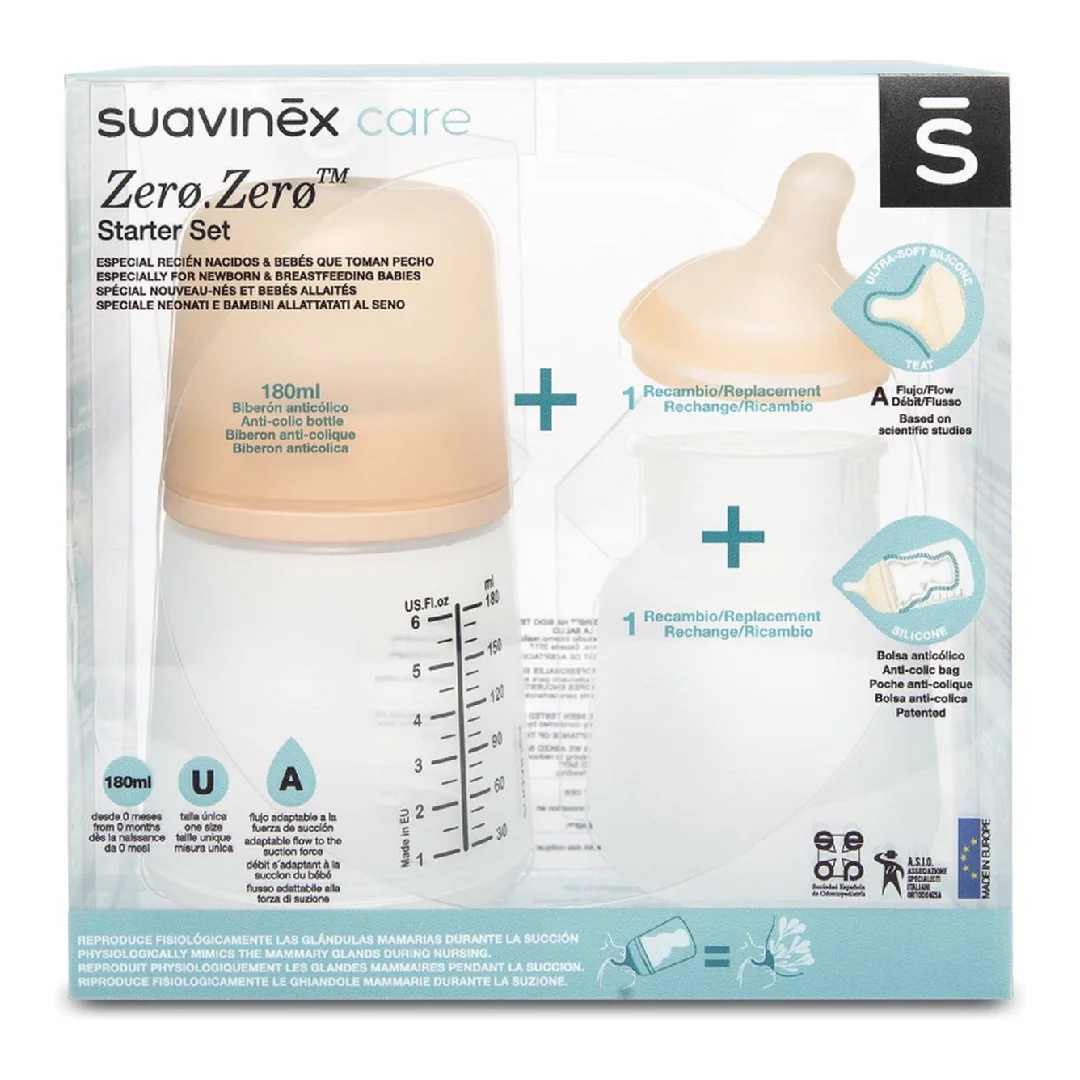 Set Biberon Anticolici 180 Ml, Tetina Și Săculeț Din Silicon, Suavinex