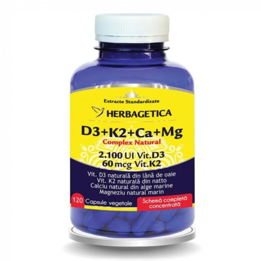 Complex Natural D3 + K2 + Ca + Mg, 120 Capsule, Herbagetica