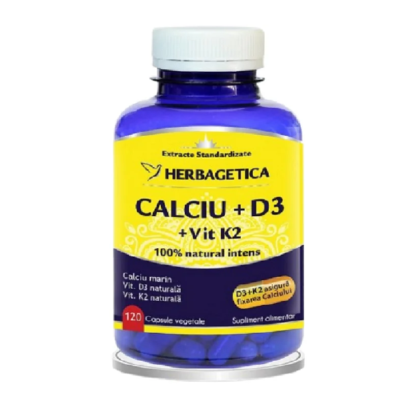 Calciu + D3 + Vitamina K2, 120 Capsule, Herbagetica