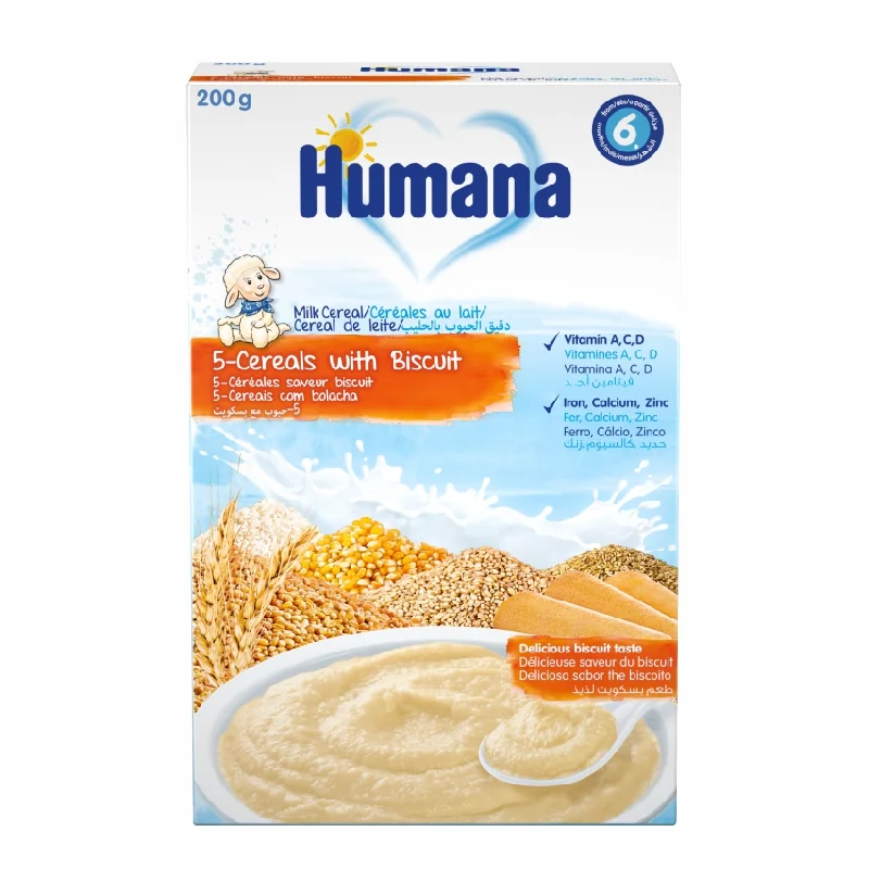 Cereale Cu Lapte, Cu 5 Cereale Si Biscuiti, 200 Gr, Humana