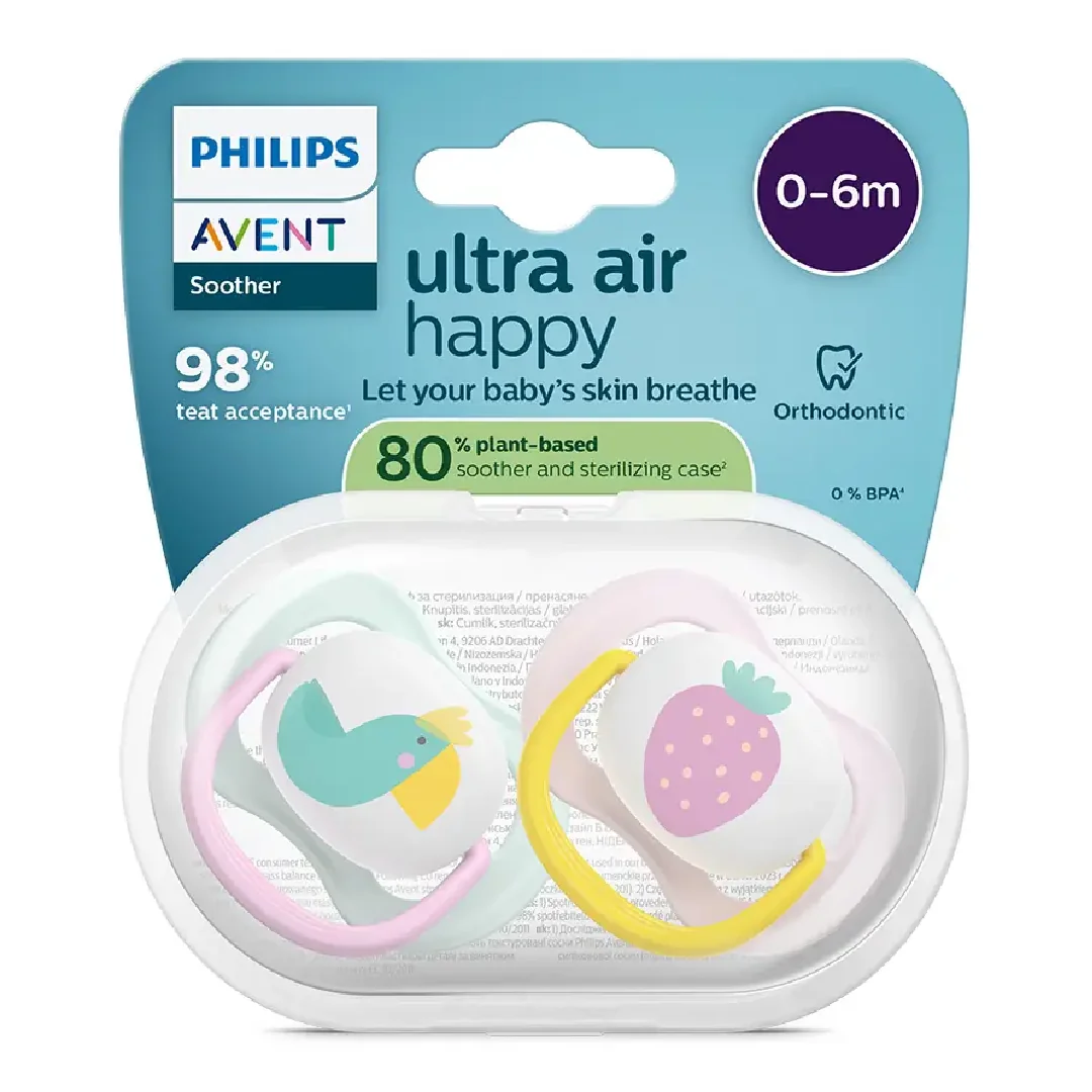 Suzete Ultra Air, 0-6 Luni, SCF080/24, Papagal/Căpșună, 2 Bucăți, Philips Avent