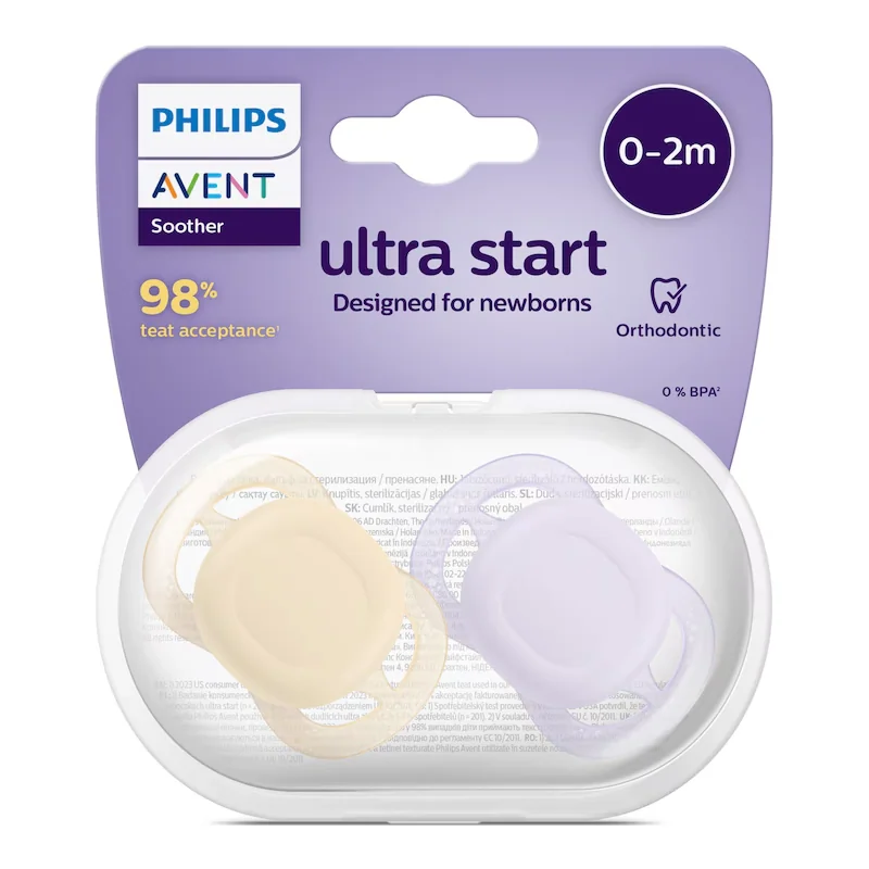 Suzete Ultra Start, 0-2 Luni, SCF075/11, Mov/Portocaliu, 2 Bucăți, Philips Avent