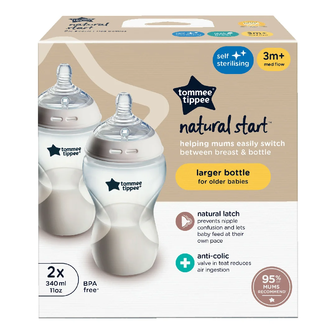 Set Biberoane Cu Autosterilizare Natural Start, 3 Luni+, 2 Bucăți*340 Ml, Tommee Tippee