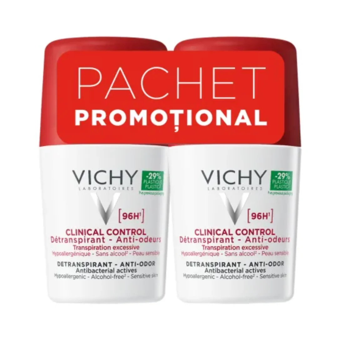 Pachet Deodorant Roll-On Antiperspirant Clinical Control 96H, 50 Ml + 50 Ml, Vichy