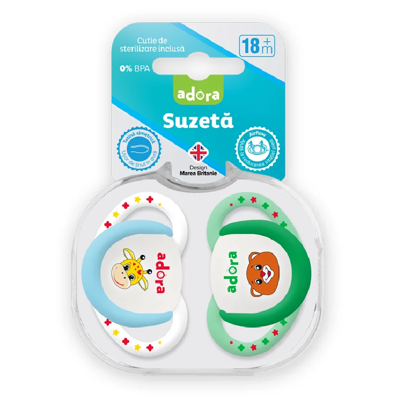 Suzeta Din Silicon, Cu Cutie De Sterilizare, 18 Luni +, Design Băiat, 2 Bucăți, Adora