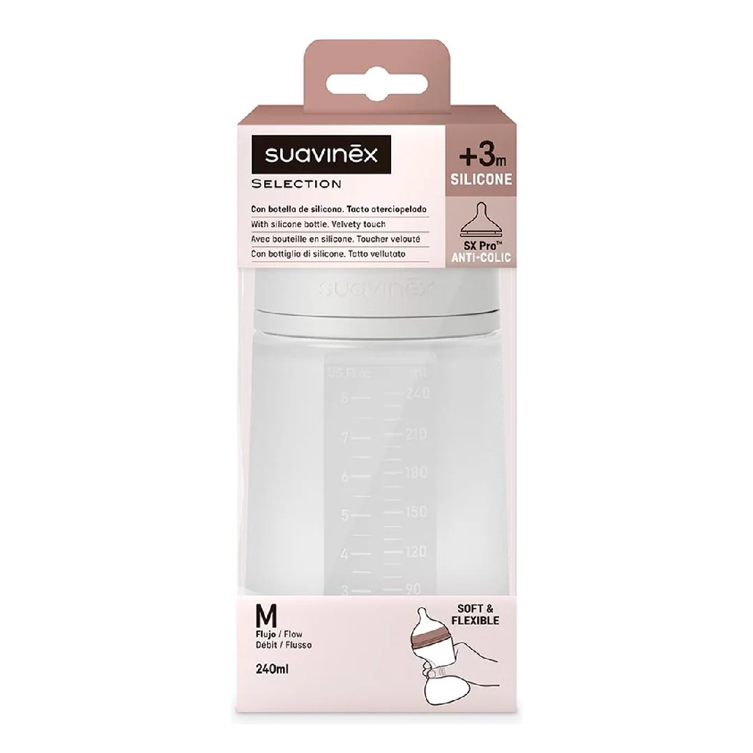 Biberon Din Silicon SX Pro Colour Essence, Debit Mediu, Transparent, 240ml, Suavinex