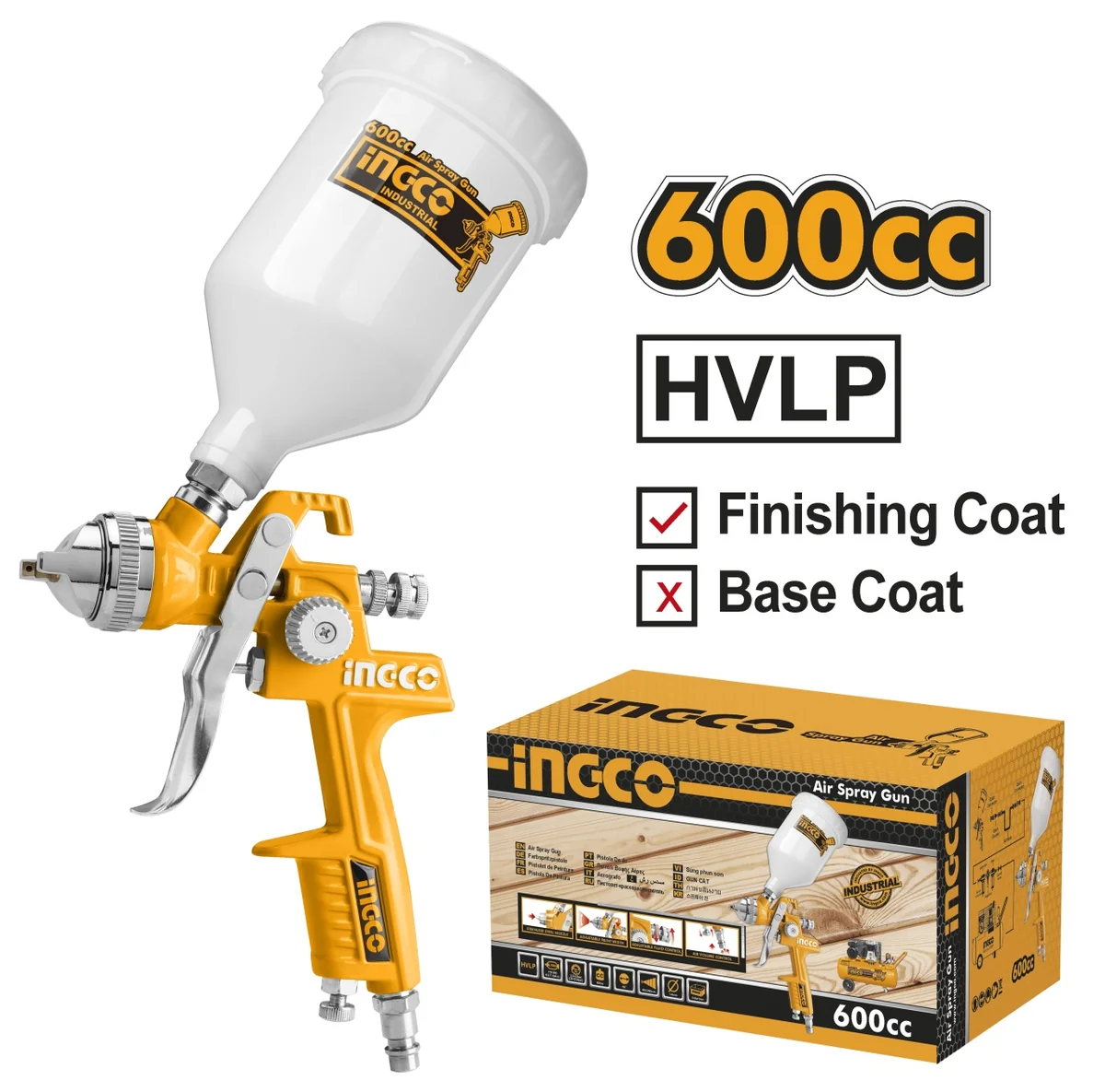 Pistol de Vopsit cu aer HVLP Vas Plastic Sus 600cc cu aer, Ingco ASG1061