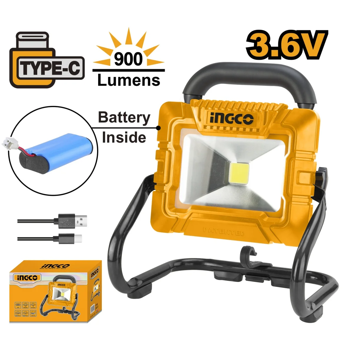 Proiector Led cu Baterie Incorporata si Incarcare Type C 900 lumeni Ingco HRLF4415