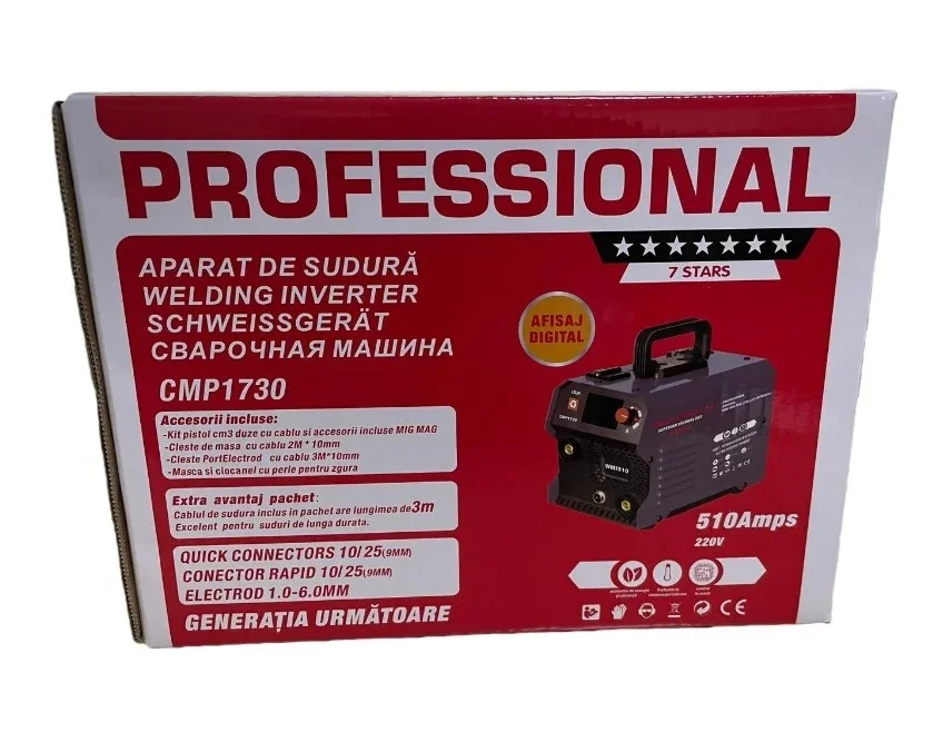 *MEGA PACHET* Aparat de sudura tip Invertor cu sarma 510A, + *x2 sarma 1.0mm, x2 electrozi 2.5mm, Ochelari automati, magnet* MMA/MIG/MAG/TIG *CABLU SUDURA 2M*, afisaj digital, ventilat, URAL MASH IGBT TEHNOLOGY ULTRA HYBRID POWER, CMP1730