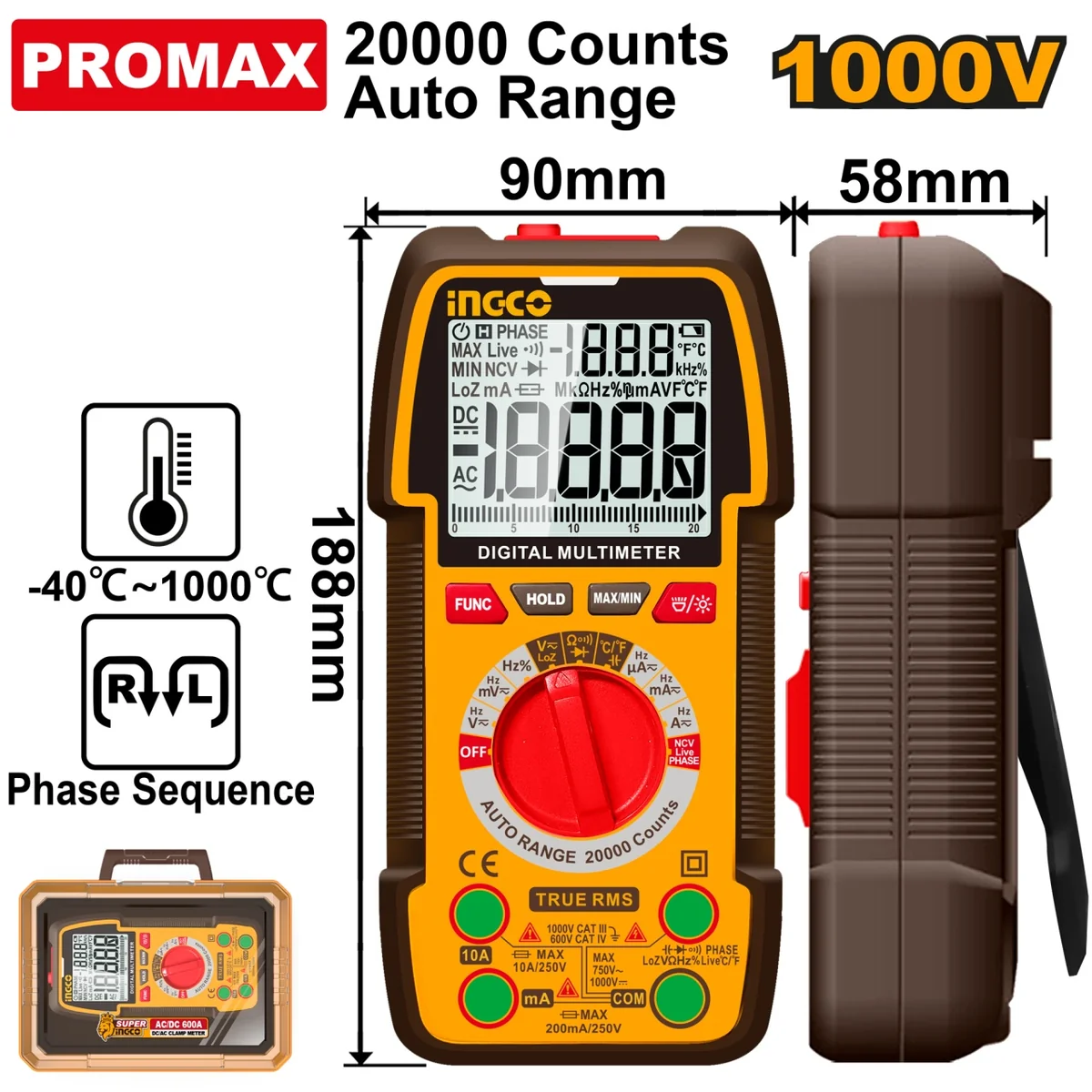 Multimetru Digital Profesional DM410003 – TRU RMS 20000 Puncte, 1000V DC / 750V AC, 10A, Auto Range, Masurare Temperatura -40°C~1000°C, NCV, LowZ