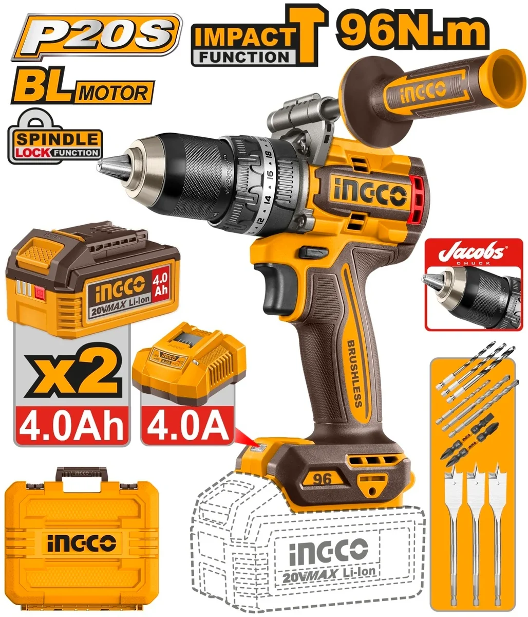 Masina de Gaurit si Insurubat cu Impact 20V INGCO CIDLI209686E, 96Nm, brushless, 2 viteze 0-550/2100 rpm, 30000 bpm, mandrina metalica 13 mm, 2 acumulatori 4.0Ah, incarcator, set accesorii