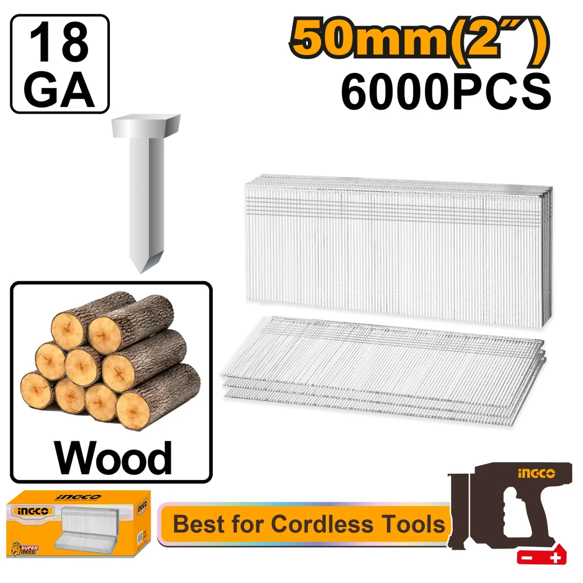 Cuie Lemn 50mm GA18 pentru Pistol Electric INGCO ANA18506, 6000 bucati, grosime 1.25x1.0mm, pentru fixari precise in tamplarie