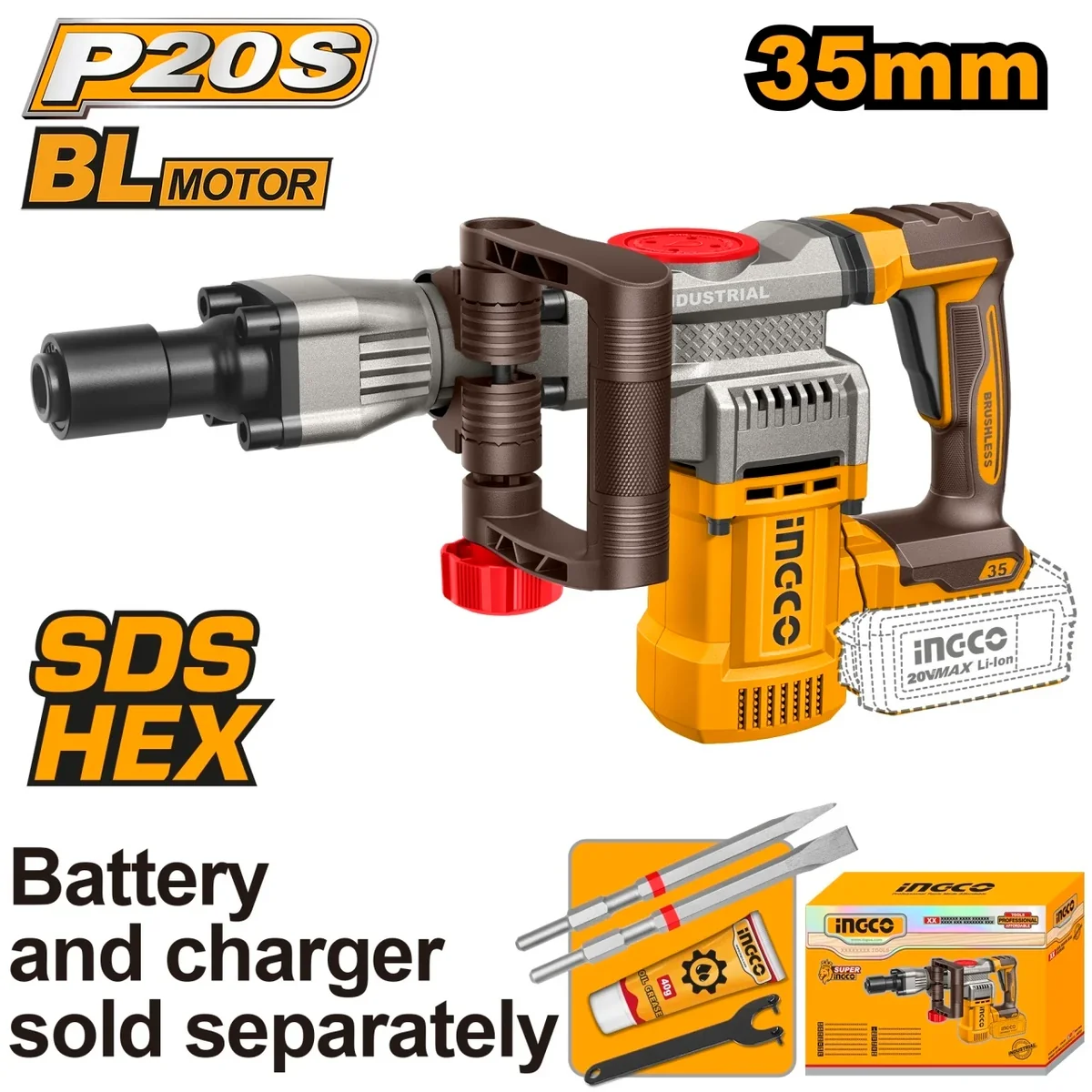 Demolator Profesional 20V SDS HEX Brushless INGCO CDBLI20358, 16J, 0-3200 bpm, sistem prindere SDS HEX, fara acumulator si incarcator