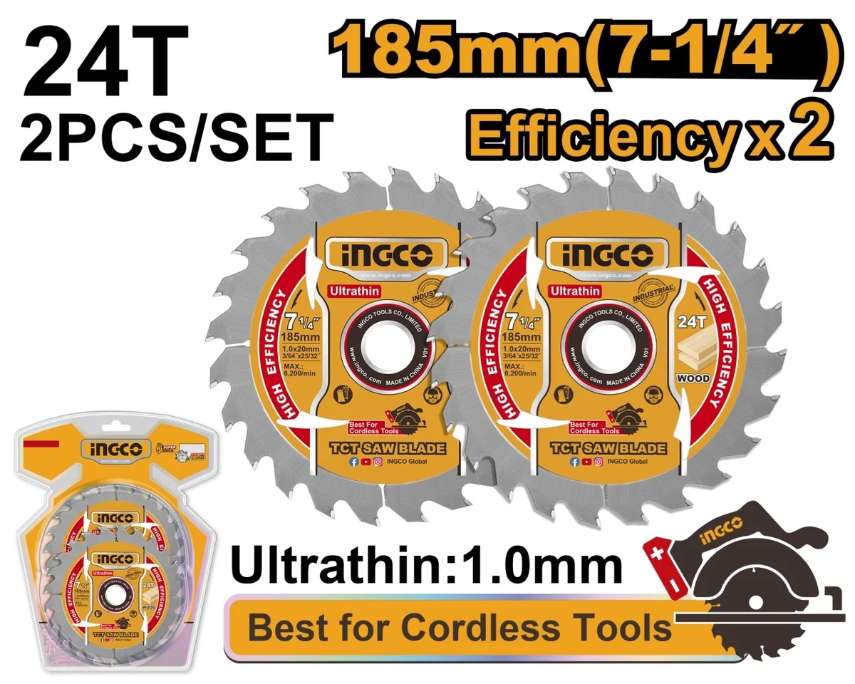 Set 2 Discuri Widia Lemn 165mm Ultra Subtire 1.0mm 24T INGCO TSB1653, alezaj 20mm cu inel reductie 16mm, pentru fierastrau circular pe acumulator