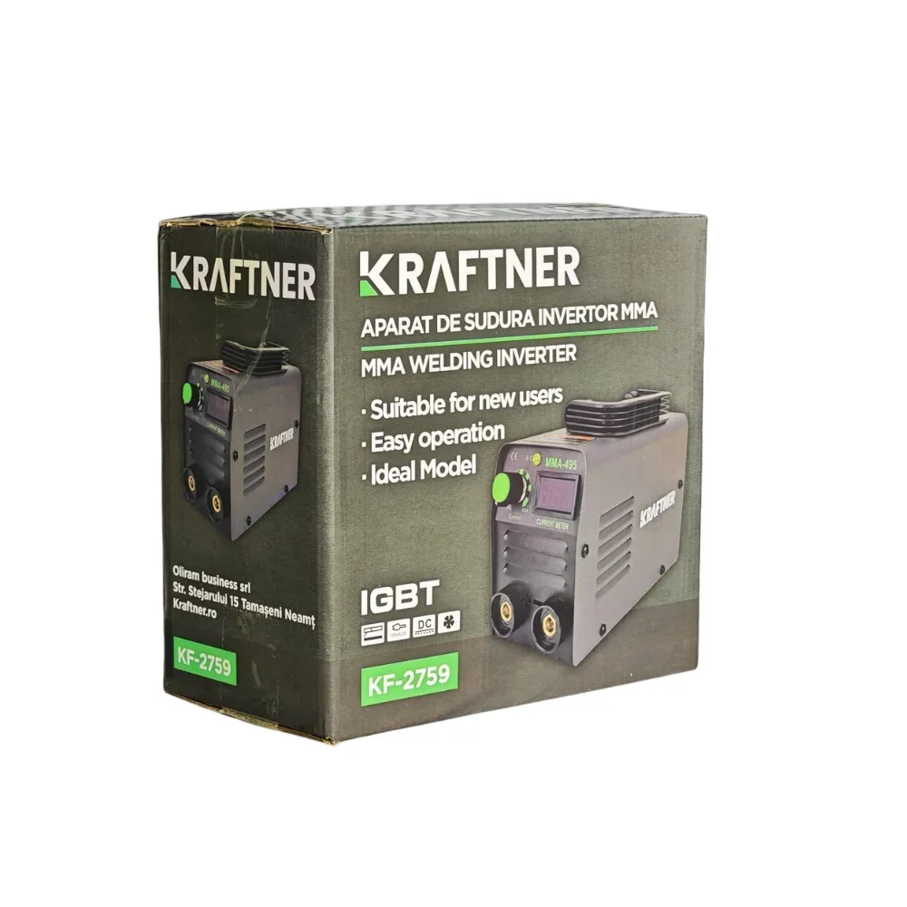 Aparat de sudura invertor MMA, KRAFTNER, 495a, afisaj digital, accesorii incluse, manusi bonus, cablu 1,8m KF-2759