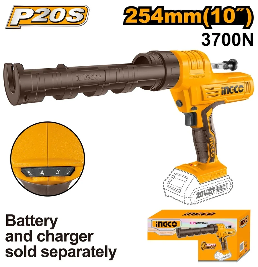 Pistol silicon INGCO CCGLI2001, 20V, Li-Ion, forta impingere 2000N, viteza aplicare 0.5-4.4mm/s, curent fara sarcina 0.35A, compatibil P20S