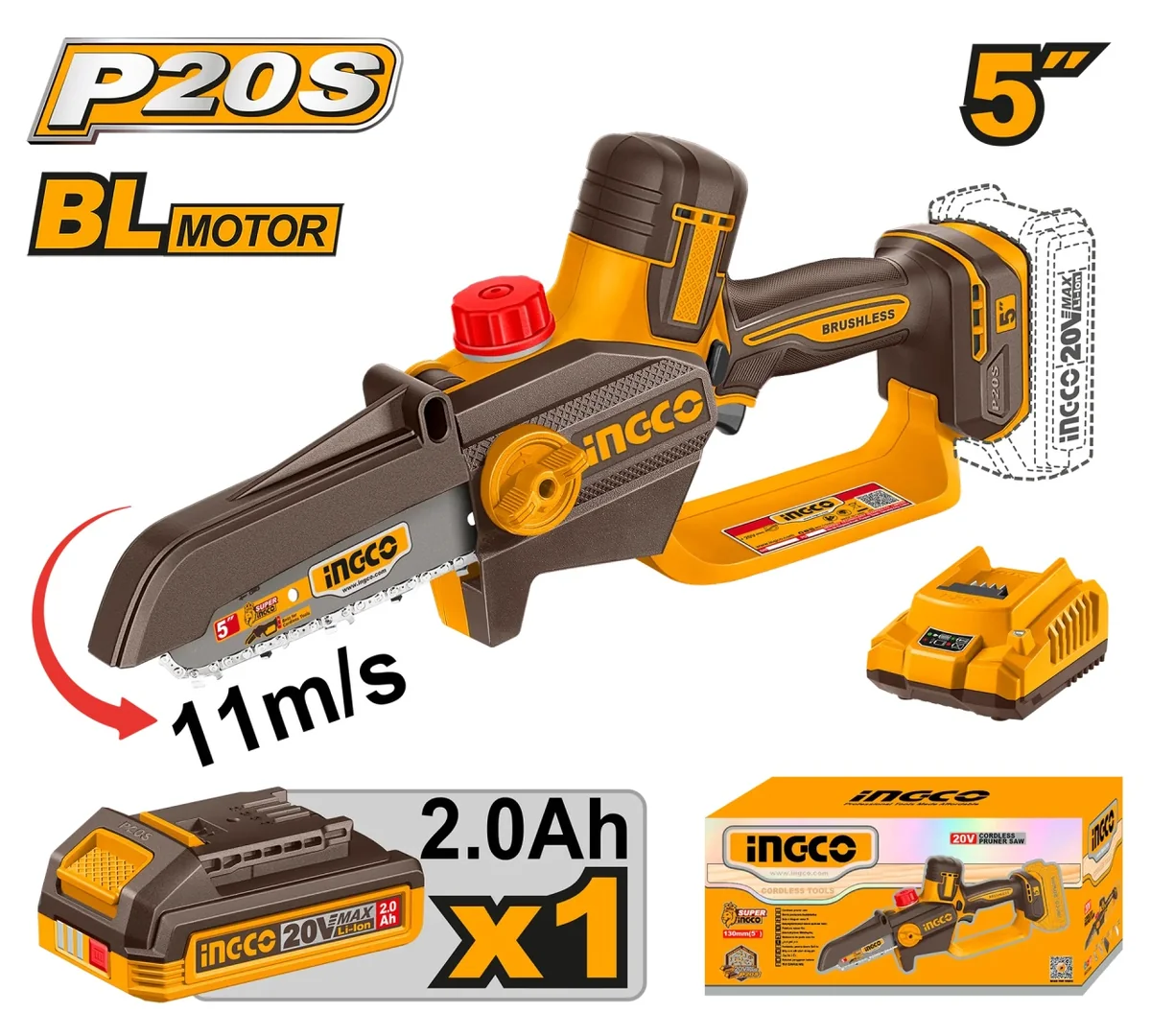 Fierastrau de mana INGCO CGSLI20561E, 20V, Brushless, lama 13cm / 5”, ungere automata, lant 1/4”, viteza 11m/s, 36 zale, acumulator 2Ah, incarcator si cutie transport
