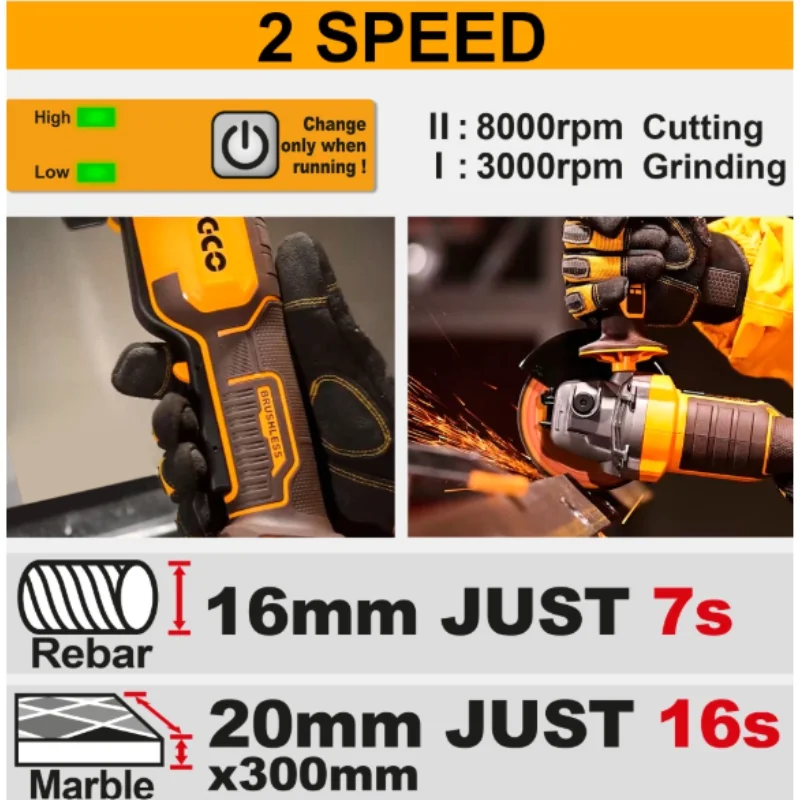 Flex unghiular INGCO CAGLI2111561E, 20V, Brushless, 115mm, 1000W, 3 trepte viteza, maner anti-vibratii, platforma P20S, 1 acumulator 4Ah, incarcator, 10 discuri si cutie transport