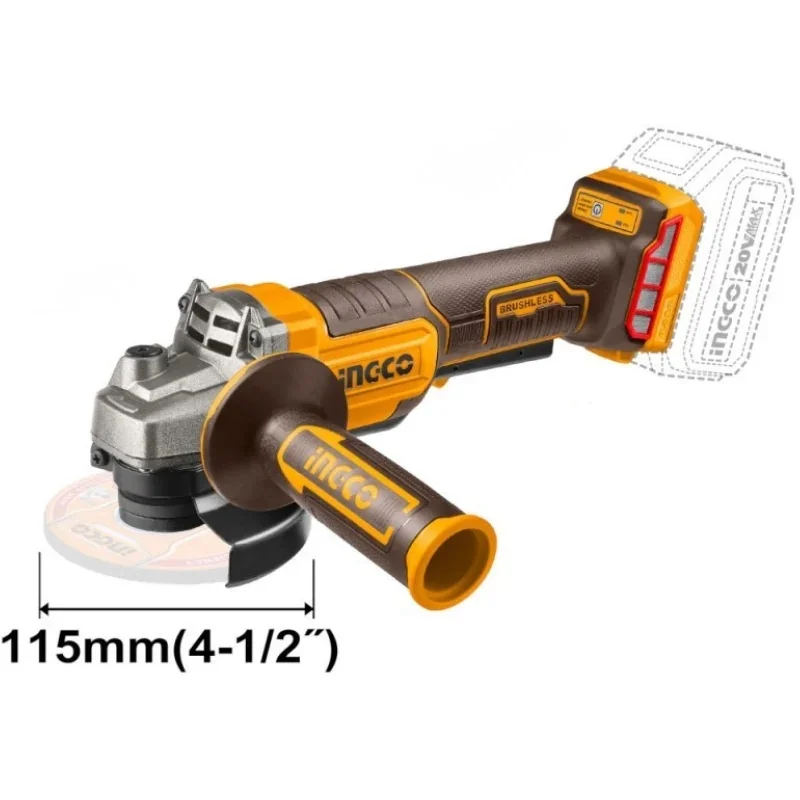 Flex unghiular INGCO CAGLI2111561E, 20V, Brushless, 115mm, 1000W, 3 trepte viteza, maner anti-vibratii, platforma P20S, 1 acumulator 4Ah, incarcator, 10 discuri si cutie transport