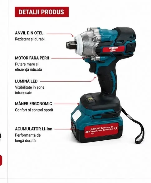 Masina de insurubat Cheie cu impact 48V 10Ah , cu 2 acumulatori si accesorii CAMPION PROFESSIONAL CMP1851