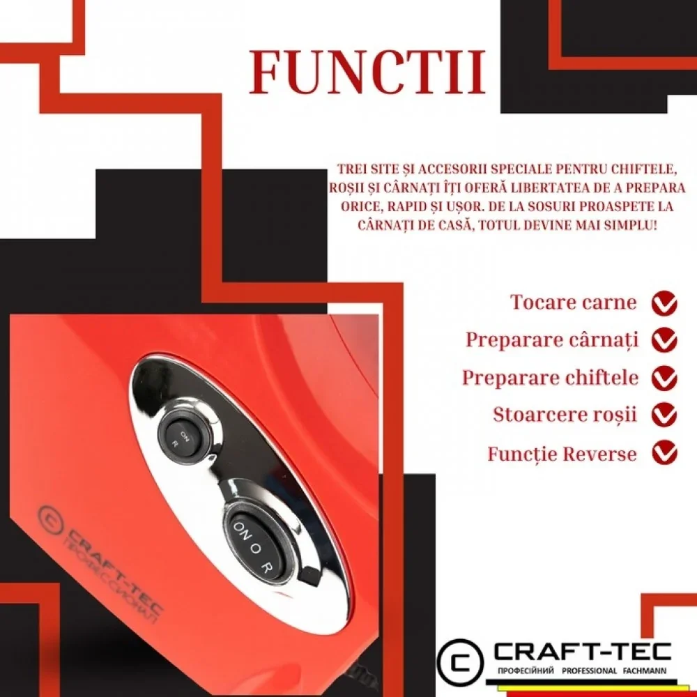 Masina electrica tocat carne Craft-Tec MX713, 3800W, 1.6 Kg/min, 3 site inox, functie Reverse, accesorii carnati, rosii, chiftele, 230V, 50Hz, clasa II, 30.5x25x25.3 cm, 3.3 kg, Rosie