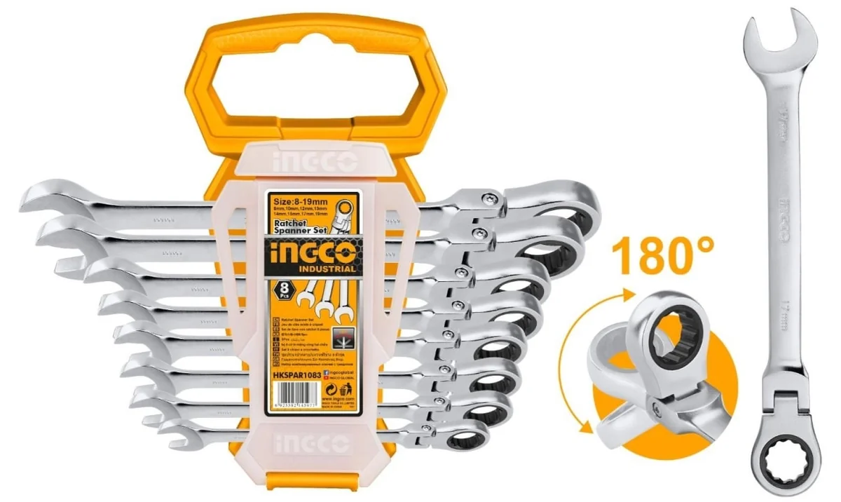 Set Trusa Chei Combinate Cu Clichet Cu Cap Flexibil 8-19mm 8 Buc, INGCO HKSPAR1083