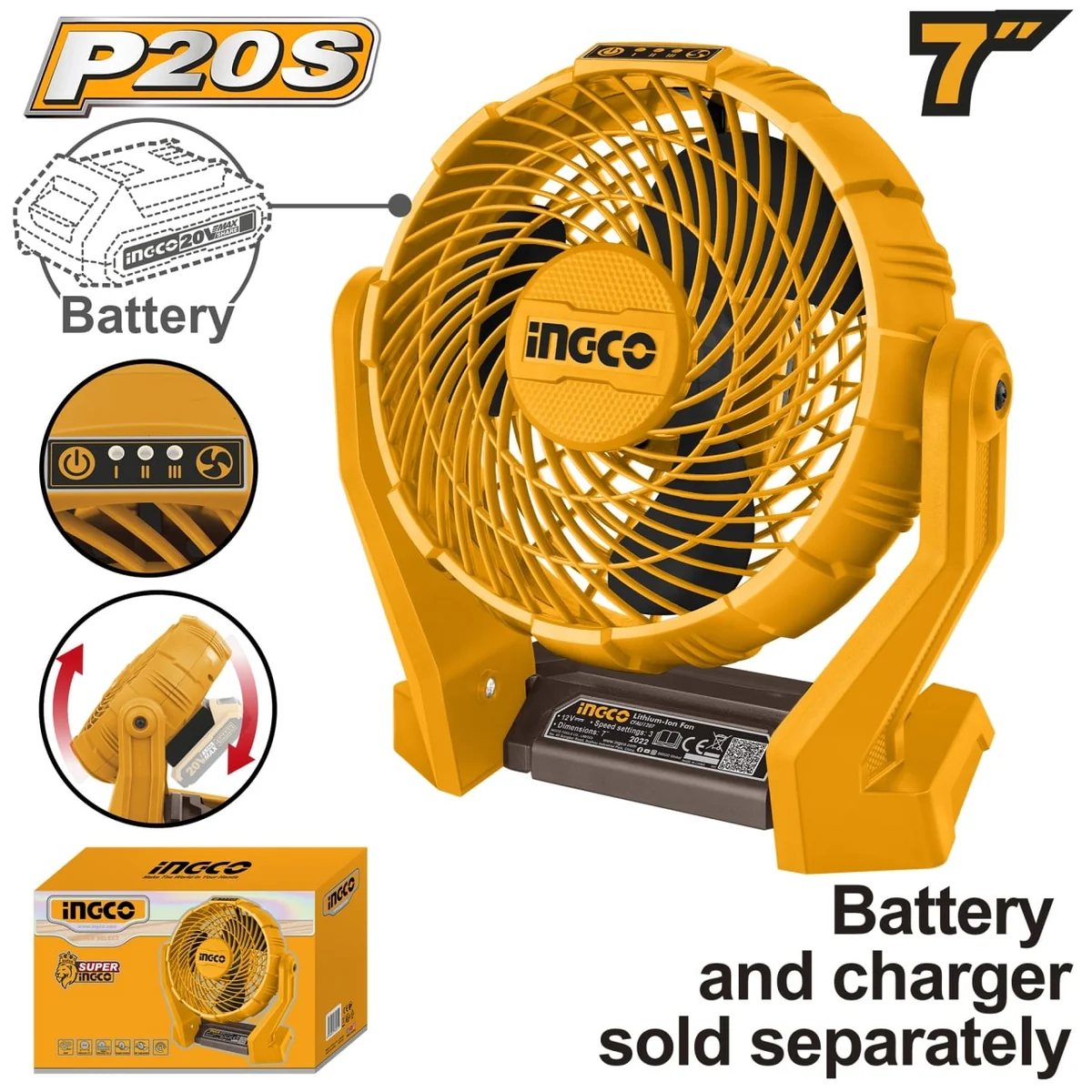 Ventilator Aer 20V 7\", Fără Acumulator Și Încărcător, INGCO CFALI2007