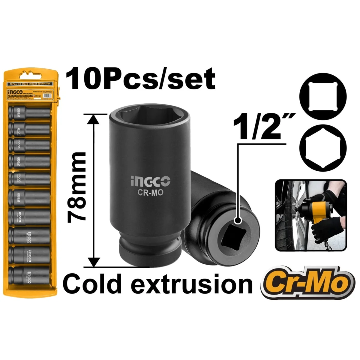 Trusa Chei Tubulare Lungi Impact 1/2 10 Buc, 10-24mm, Ingco HKISSD12102L