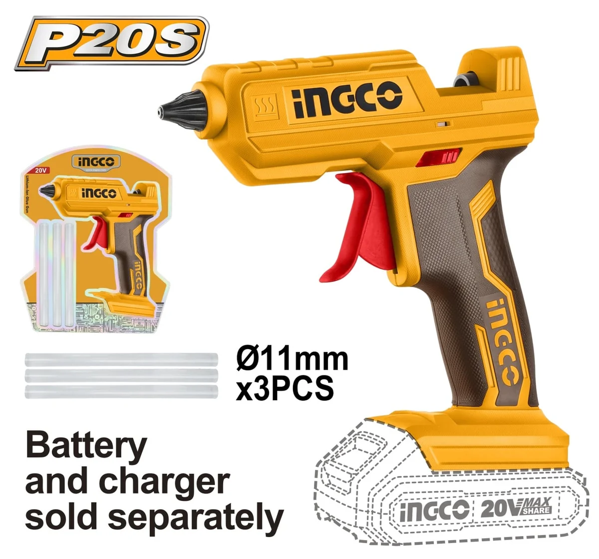 Pistol Electric Lipit Plastic, 11mm, 20V - Fara Acumulator Ingco Cggli2001