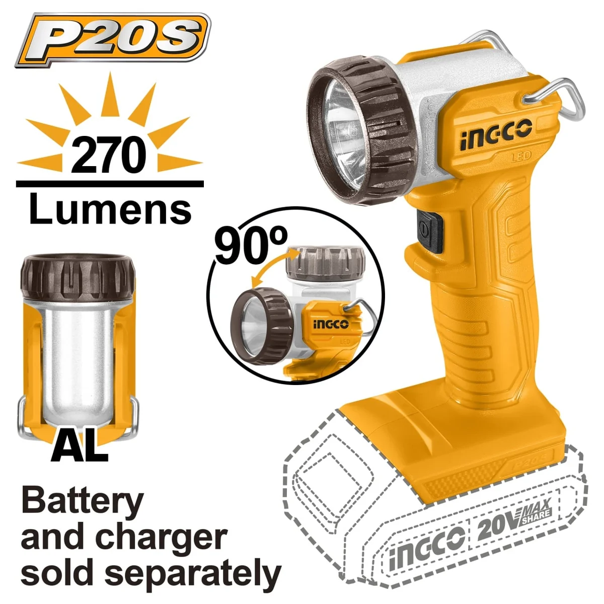 Lanterna Led 20V 270 Lumeni - Fără Acumulator Ingco CWLI2038