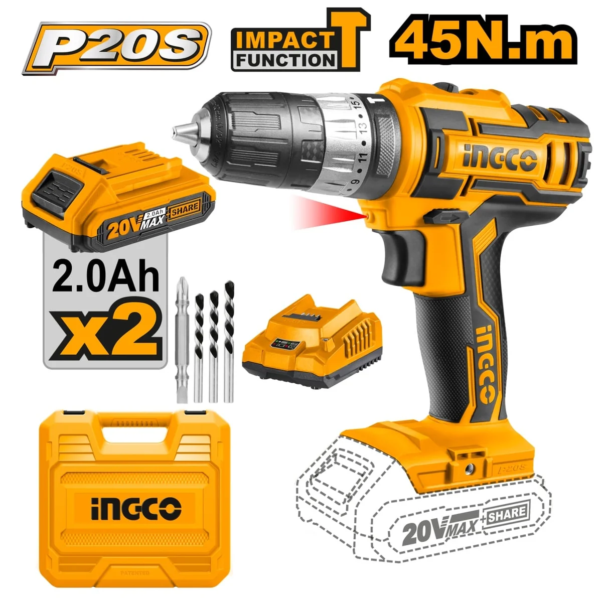 Masina De Gaurit Bormasina Impact 20V, 45Nm, Cu 2 Acumulatori Ingco CIDLI200215