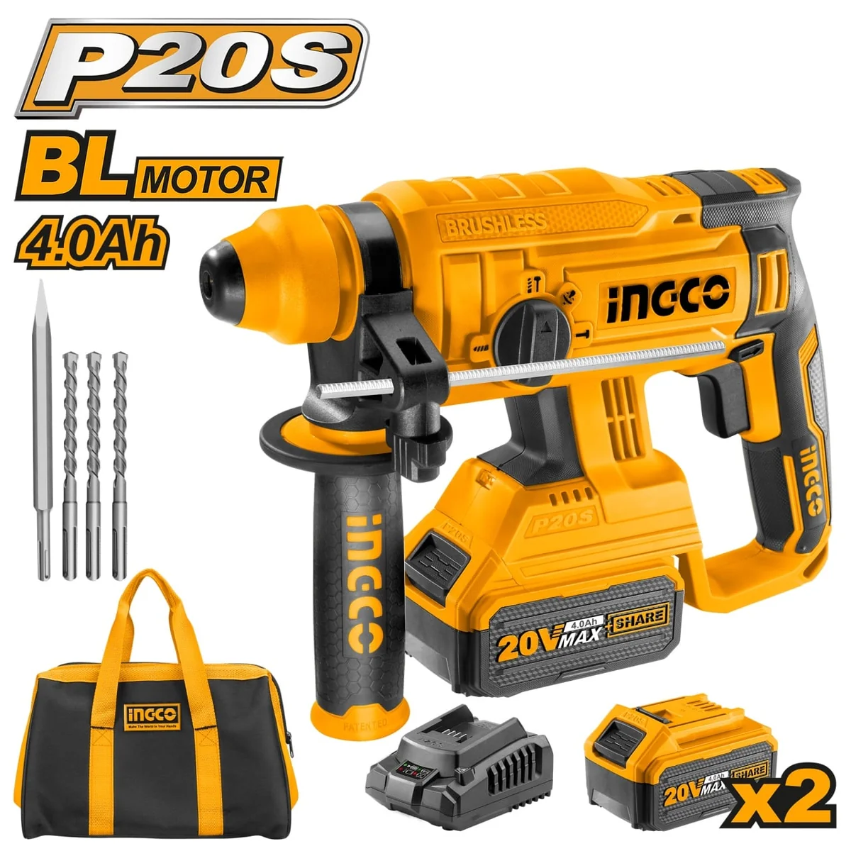 Ciocan Rotopercutor Industrial 20V BL Motor Cu 2 Acumulator 4Ah Incarcator + Geanta Ingco CRHLI22012